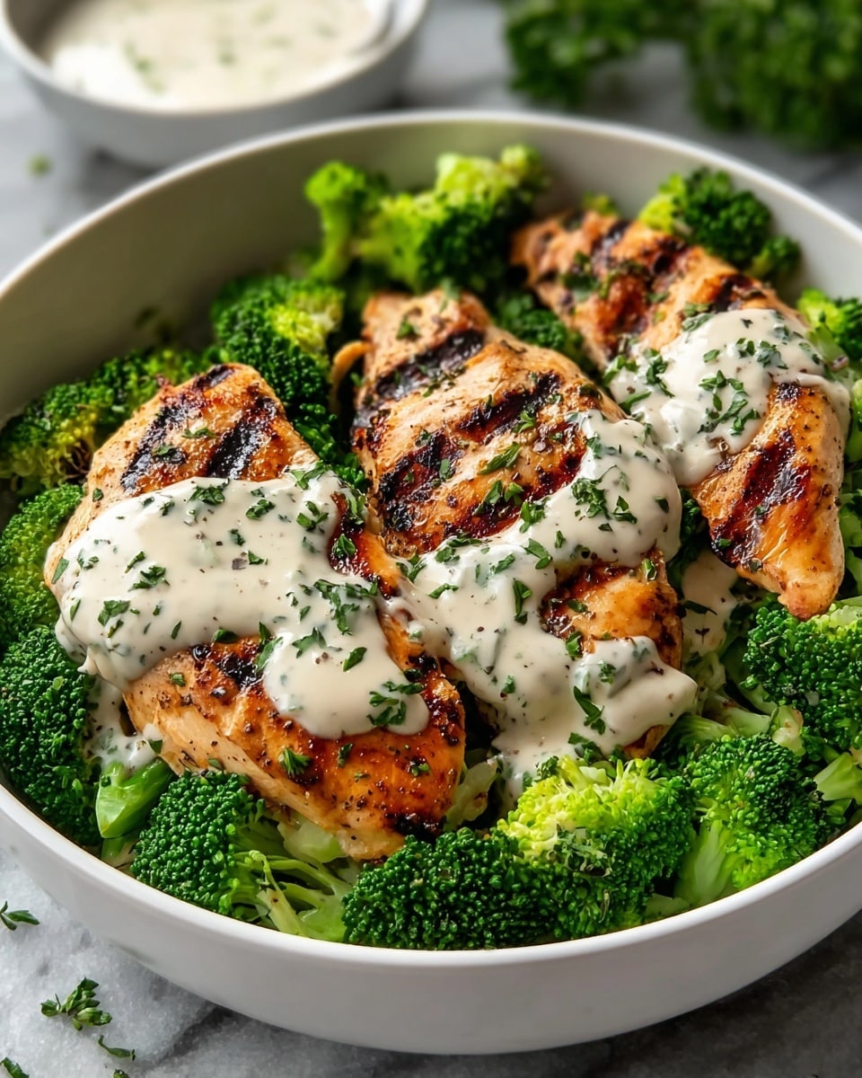 A white bowl filled with three grilled chicken breasts placed on a bed of bright green broccoli florets. The chicken has clear grill marks with a slightly charred texture, and it is topped with drizzled creamy white sauce speckled with herbs. Chopped green herbs are sprinkled over the chicken and sauce adding color contrast. The bowl is set on a white marbled surface with another small white bowl of sauce blurred in the background. The image shows fresh, healthy food with vibrant colors and detailed textures. photo taken with an iphone --ar 4:5 --v 7