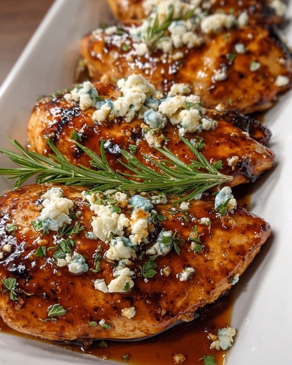 The image shows four pieces of golden brown cooked chicken breasts arranged closely in a white bowl. Each piece is covered with a shiny reddish-brown sauce that looks rich and thick. On top of the chicken, there are small scattered chunks of creamy white cheese with blue veins and bright green herb sprigs placed delicately for garnish. The sauce pool around the chicken appears glossy and slightly oily, adding a moist texture to the dish. The scene is set on a white marbled surface, keeping the focus on the rich colors and details of the chicken and toppings. photo taken with an iphone --ar 4:5 --v 7