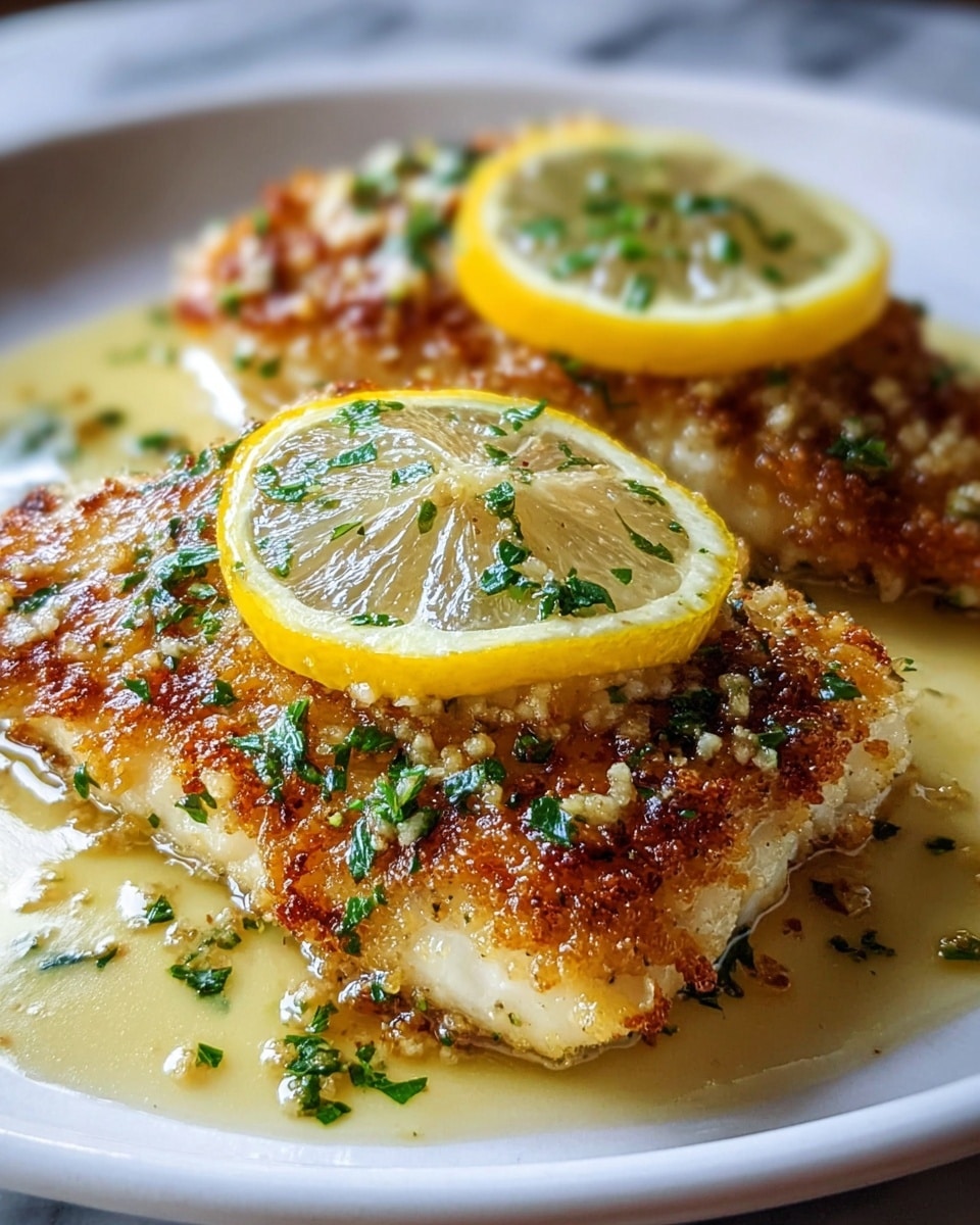 Two pieces of golden brown, crispy fish fillets are placed on a white plate with a pool of light yellow lemon butter sauce beneath them. Each fillet has a slightly rough texture from a crunchy outer crust and is topped with a thin slice of lemon. Fresh green chopped herbs are scattered over the fish and sauce, adding a bright contrast. The lemon slices have visible pulp and a smooth surface, sitting in the center of the fillets. The plate rests on a white marbled surface. photo taken with an iphone --ar 4:5 --v 7