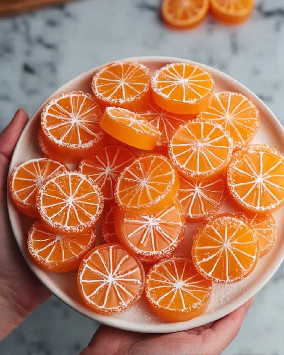 The image shows a close-up of a woman's hand picking up a stack of translucent orange and yellow jelly candies shaped like slices of citrus fruit. Each candy piece has detailed segment lines mimicking real fruit and they are slightly dusted with powder. The candies are stacked in groups of three or four, displaying layers of bright, glowing orange and yellow hues. They rest on a white marbled surface that enhances the vibrant colors of the jelly slices. The photo captures the glossy, smooth texture and the light passing through the jelly pieces, highlighting their fresh, juicy look. Photo taken with an iphone --ar 4:5 --v 7