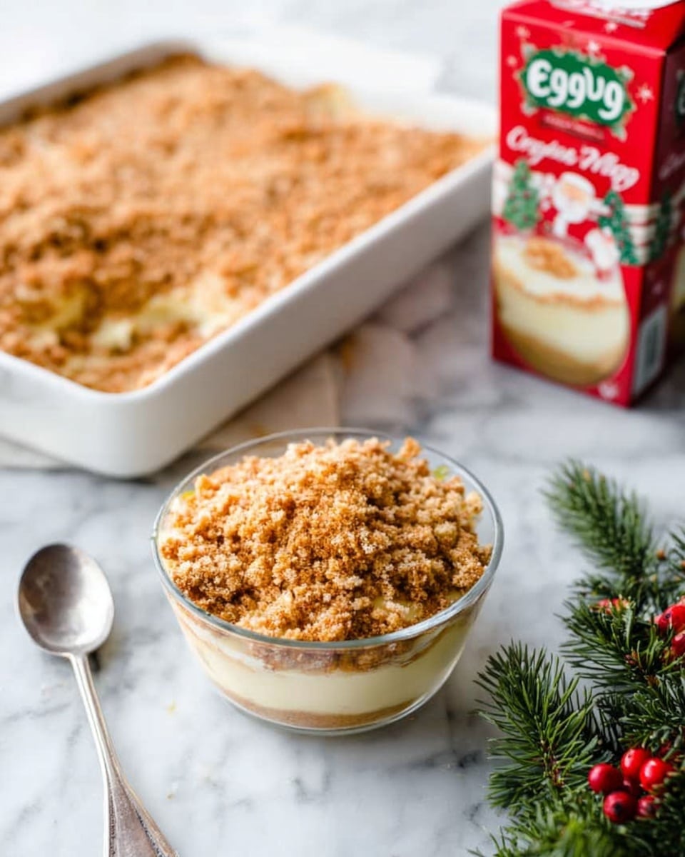 The image shows a clear glass bowl filled with a layered dessert, placed on a white marbled surface. Inside the bowl, the bottom layer is light beige and smooth, likely a creamy filling, topped with a golden-brown crumbly layer that looks crunchy and textured. To the left, there is a large white pan filled with the same crumbly-topped dessert, indicating it is baked. A silver spoon rests beside the glass bowl, and behind it stands a carton of red eggnog with white and green holiday designs. To the right, there are green pine branches with small red berries adding a festive touch. The photo taken with an iphone --ar 4:5 --v 7