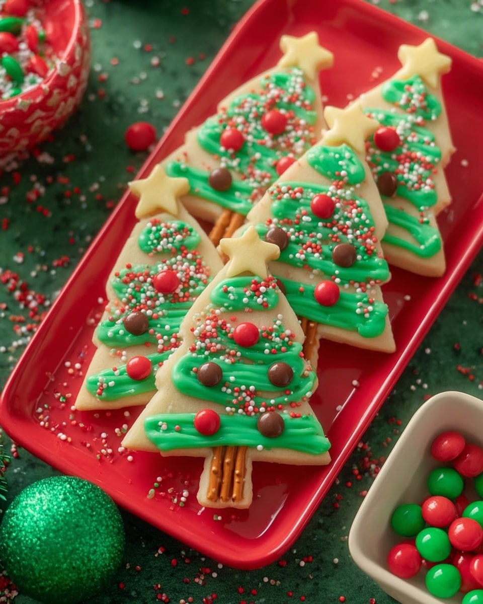 Four Christmas tree-shaped cookies are placed on a white rectangular tray. Each cookie has three layers: the base cookie is a light beige color shaped like a tree, a thick layer of green icing is drizzled in a zigzag pattern across the cookie, and colorful red, green, and white sprinkles and candy beads are scattered on top, resembling ornaments. A small golden star cookie tops each tree, and two small pretzel sticks are placed at the bottom of each cookie to resemble tree trunks. The tray rests on a green textured surface with red and green candy pieces scattered around. Photo taken with an iphone --ar 4:5 --v 7