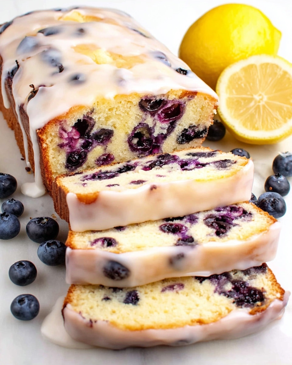 A rectangular blueberry lemon loaf cake sits on a white marbled surface, drizzled with a shiny, slightly translucent icing that drips down the sides. The cake's top layer is golden brown with scattered dark purple blueberries visible in the dough beneath the icing. Two slices are cut from the front, showing the inside with a light yellow crumb full of juicy, dark blueberries. Bright yellow lemons, one whole and one halved, along with several fresh blueberries, are scattered around the cake, adding vibrant color contrast. photo taken with an iphone --ar 4:5 --v 7