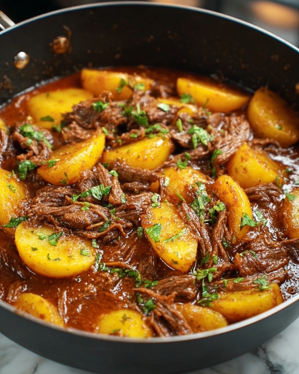 The image shows a black cooking pan filled with a dish that has thick slices of yellow potatoes and shredded brown meat mixed together in a rich, reddish-brown sauce. The meat and potatoes are scattered throughout the pan, and the surface of the food is sprinkled with chopped green herbs for a fresh touch. The texture appears hearty and saucy, with the potatoes' smooth edges and the meat's tender, shredded pieces visible. The pan sits on a white marbled surface, creating a clean and elegant background. photo taken with an iphone --ar 4:5 --v 7