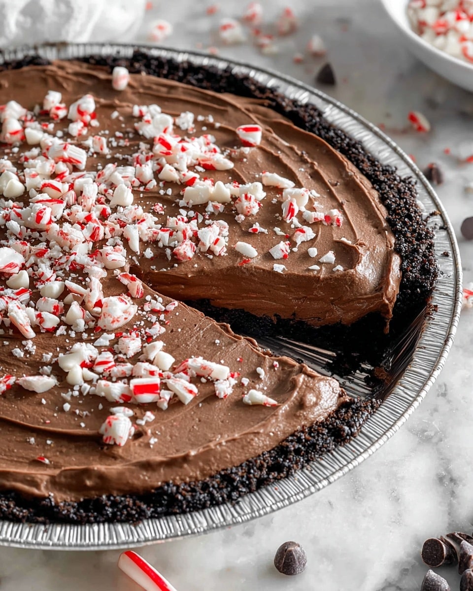 The image shows a chocolate peppermint pie with three visible layers: a dark black crumb crust forming the base and edges, a thick smooth milk chocolate filling in the middle that has a creamy texture, and a top layer covered with crushed white and red peppermint candy pieces scattered across the surface. One slice is cut out and placed on a white speckled plate beside the pie, revealing the neat layered cross-section. The pie sits on a clear glass pan placed on a white marbled surface, with some chocolate chips, candy canes, and more crushed peppermint around it. A metal pie server is resting beside the pie, and a fork with a wooden handle lies on the plate. photo taken with an iphone --ar 4:5 --v 7
