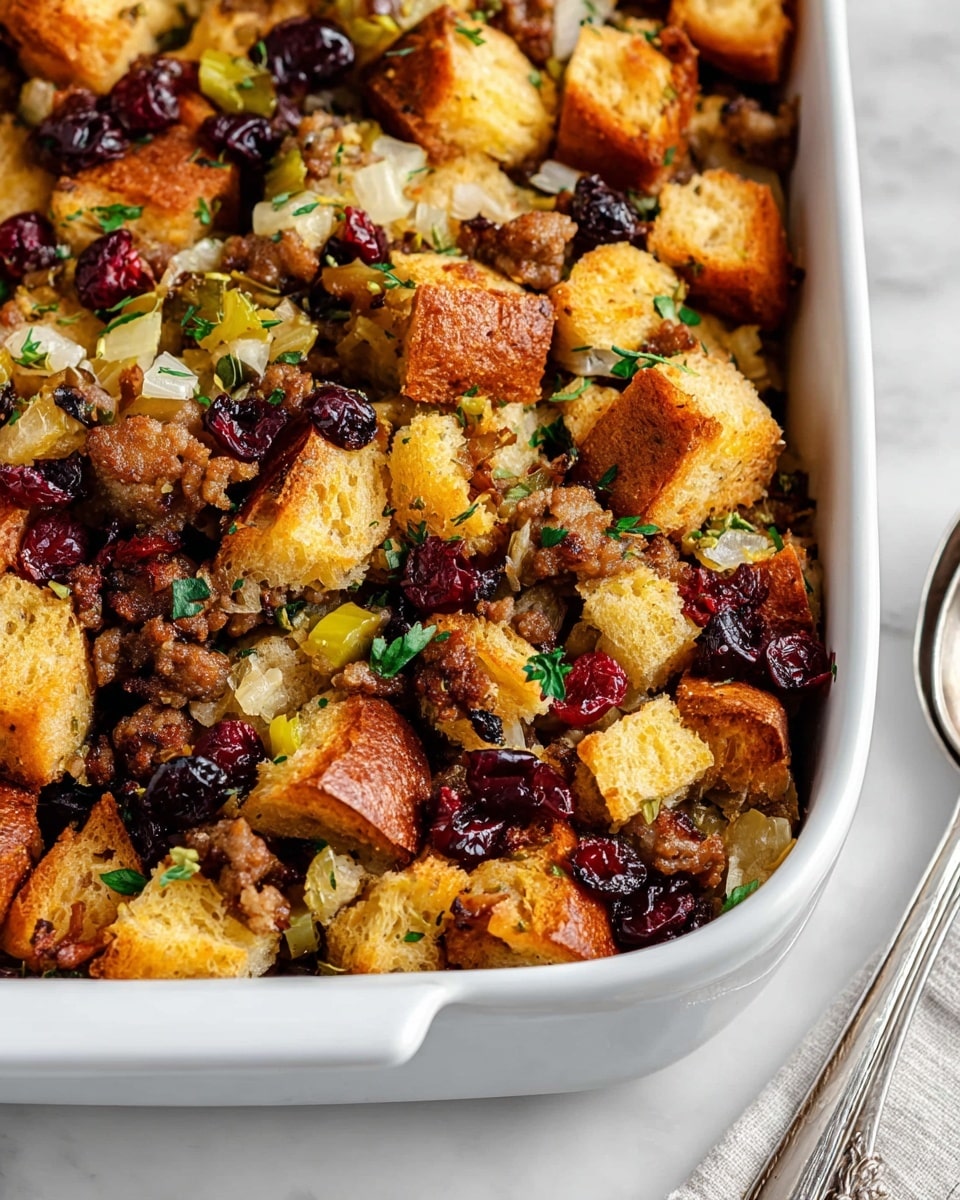 A close-up image shows a white rectangular baking dish filled with a colorful stuffing mixture. The stuffing has several layers: at the bottom are small golden-yellow cubes of butternut squash and bits of light green celery. On top of this layer, there are golden-brown toasted bread cubes mixed with dark red dried cranberries and finely chopped green herbs scattered over everything. A clear glass pitcher is pouring light yellow broth over the stuffing, soaking the bread pieces. The dish is set on a white marbled surface. Photo taken with an iphone --ar 4:5 --v 7