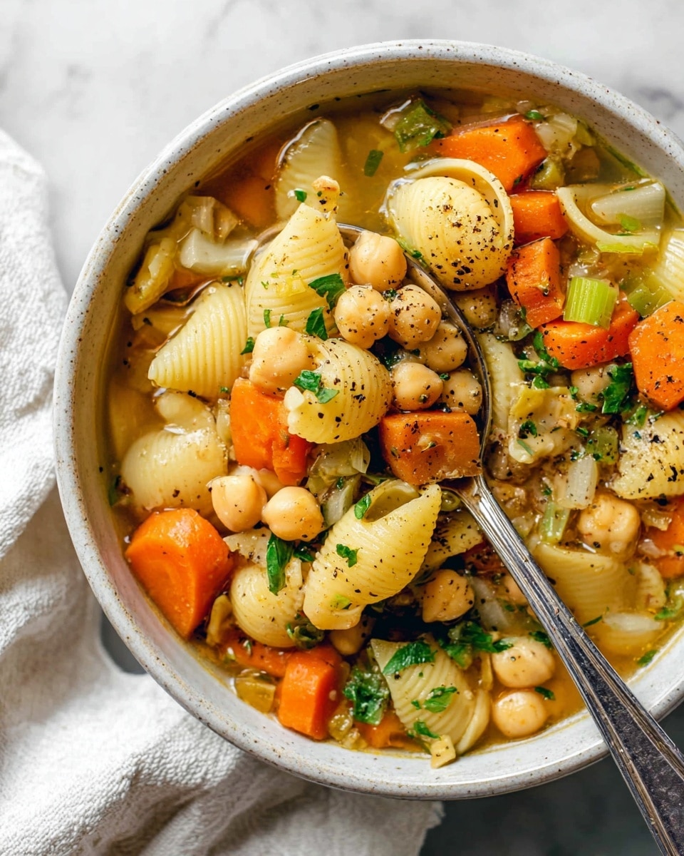 A rustic bowl filled with a warm soup made of yellow shell pasta, light beige chickpeas, bright orange carrot chunks, and green celery pieces, all floating in a clear broth. Small bits of diced onion and fresh green herbs are scattered throughout, with a visible sprinkling of black pepper on top. A silver spoon scoops a mix of pasta, chickpeas, carrot, and celery from the bowl on the right side, resting against the bowl’s edge. The bowl itself is speckled brown on the outside, placed on a white marbled surface with a white linen cloth nearby. photo taken with an iphone --ar 4:5 --v 7