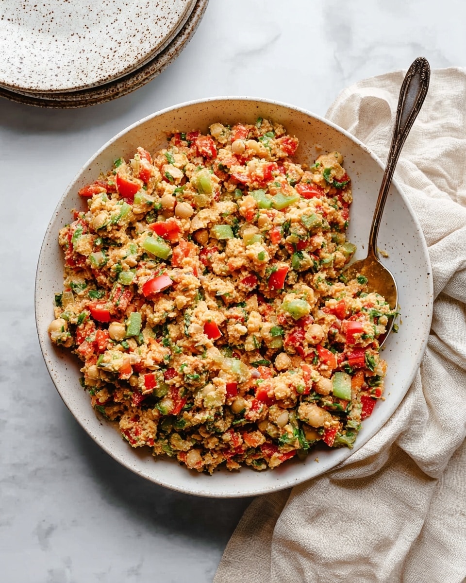 A close-up view of a mixed chickpea salad in a deep white bowl placed on a white marbled surface next to a light grey cloth. The salad has a chunky texture with three main visible layers: the base layer of soft, pale beige mashed chickpeas, scattered green diced cucumbers, and bright red chopped tomatoes. These ingredients are evenly mixed together, creating a colorful and hearty dish. A silver spoon rests inside the bowl, slightly lifting the salad. photo taken with an iphone --ar 4:5 --v 7
