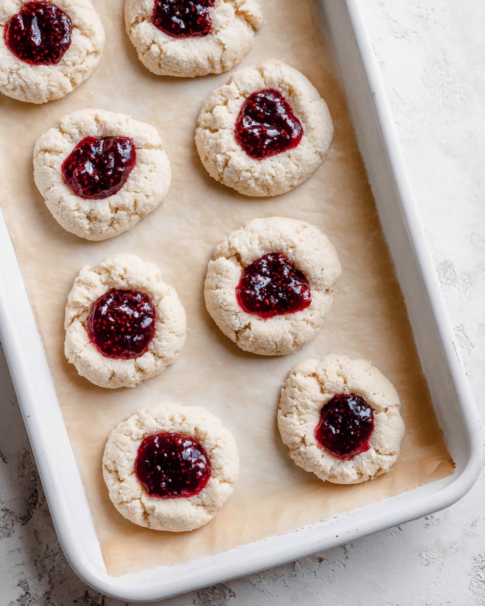 The image shows six round cookies arranged in two columns and three rows on a white tray lined with parchment paper. Each cookie has two visible layers: the base layer is a rough-textured, pale beige cookie with an uneven surface, and the top center of each cookie has a dark red jam filling with a glossy finish and a few tiny seeds, surrounded by a slightly crumbly edge. The cookies are spaced apart evenly on the tray, which sits on a white marbled surface. Photo taken with an iphone --ar 4:5 --v 7