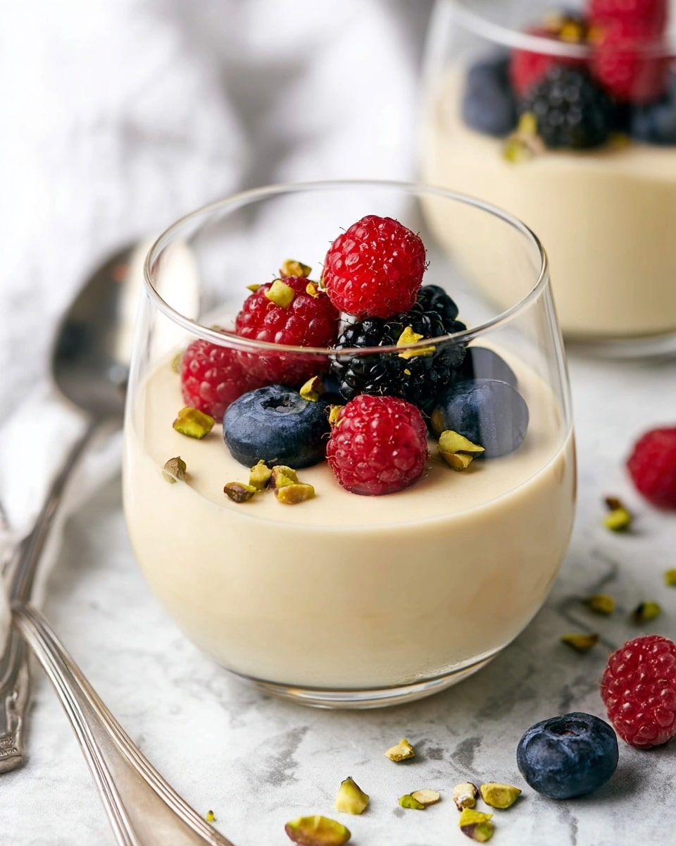 Two clear round glasses each hold one smooth and creamy light yellow layer of dessert, topped with fresh berries including red raspberries, deep blue blueberries, and black blackberries. Small pieces of chopped green pistachios are scattered on top of the creamy layer and around the white marbled textured surface. A silver spoon rests on a white cloth nearby, and the overall setting is bright and clean with soft natural light. photo taken with an iphone --ar 4:5 --v 7