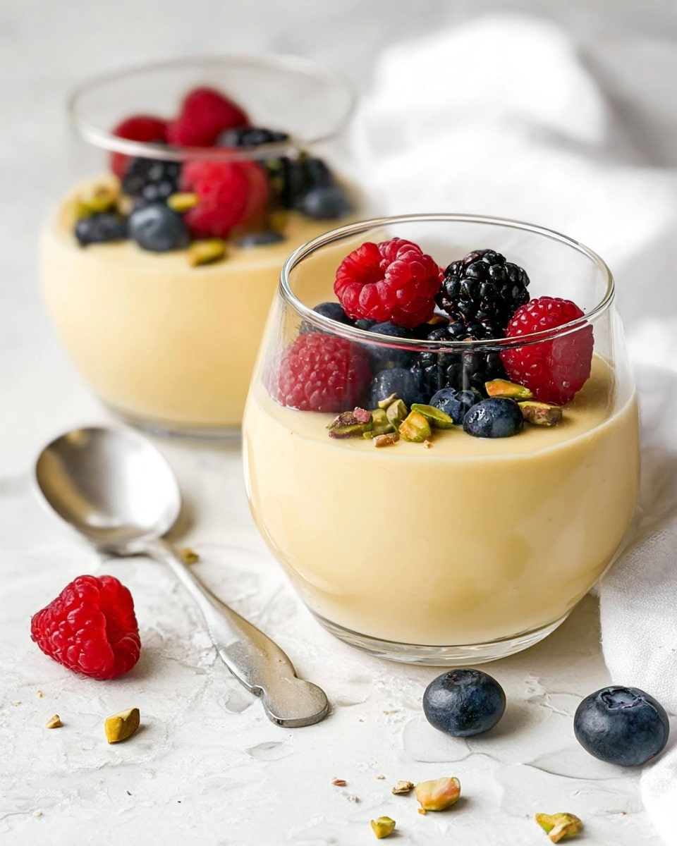 A clear round glass filled with one thick, creamy light beige layer of mousse, topped with a small cluster of fresh red raspberries, dark blackberries, and deep blue blueberries, with scattered small green pistachio nut pieces on top and around the glass, all placed on a white marbled surface with parts of two other dessert glasses blurred in the background, a white cloth napkin and silver spoon to the left side. photo taken with an iphone --ar 4:5 --v 7
