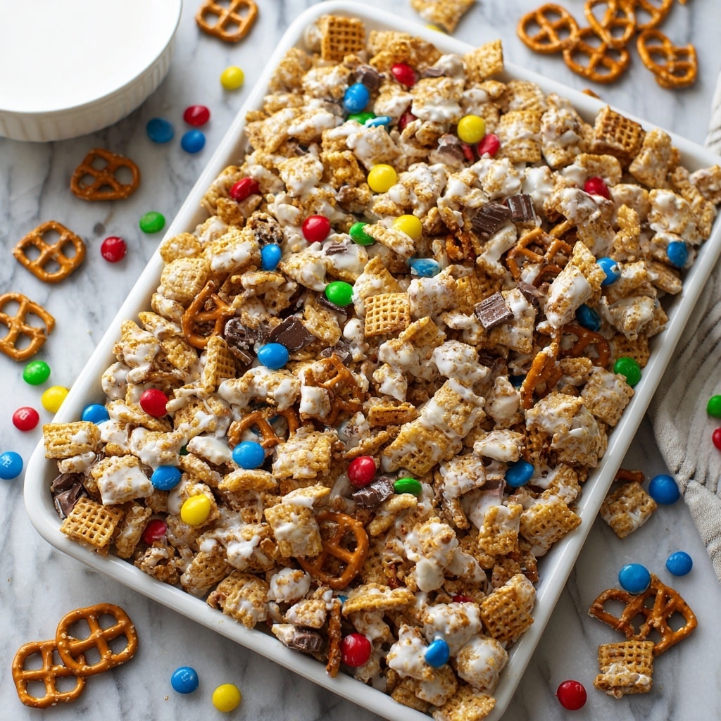 The image shows a close-up of a snack mix spread in a metal baking tray on a white marbled surface. The mix has three main layers: a base layer of light beige cereal squares with a woven texture, a middle layer of shiny, colorful round candies in red, blue, yellow, green, and brown, and a top layer of small golden brown pretzels and clumps of white creamy coating drizzled over the cereal and candies. The mix looks crunchy and colorful with a mix of smooth, rough, and glossy textures. On the bottom right edge, there is part of a white cup filled with a white liquid. photo taken with an iphone --ar 4:5 --v 7