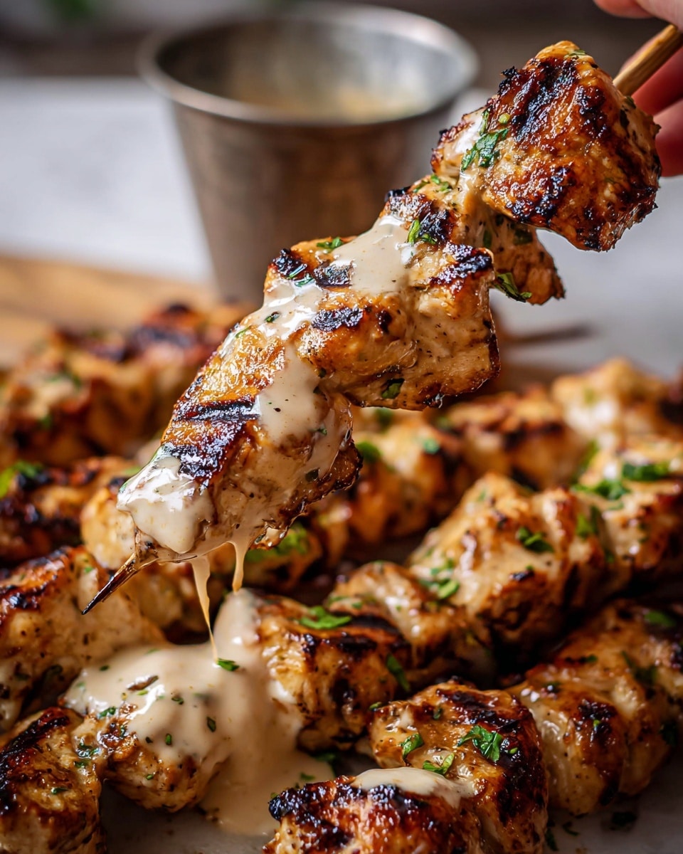 A close-up of grilled chicken skewers with three pieces each, showing a golden-brown color with darker grilled spots and a shiny creamy sauce coating that drips slightly. In the background, more skewers lay on a white marbled surface, with fresh green herb bits sprinkled on top. A woman's hand holds one skewer from the left side, lifting it above the others, with a metal cup blurred behind. The overall look is warm and juicy, with a mix of textures from smooth sauce to charred meat. Photo taken with an iphone --ar 4:5 --v 7