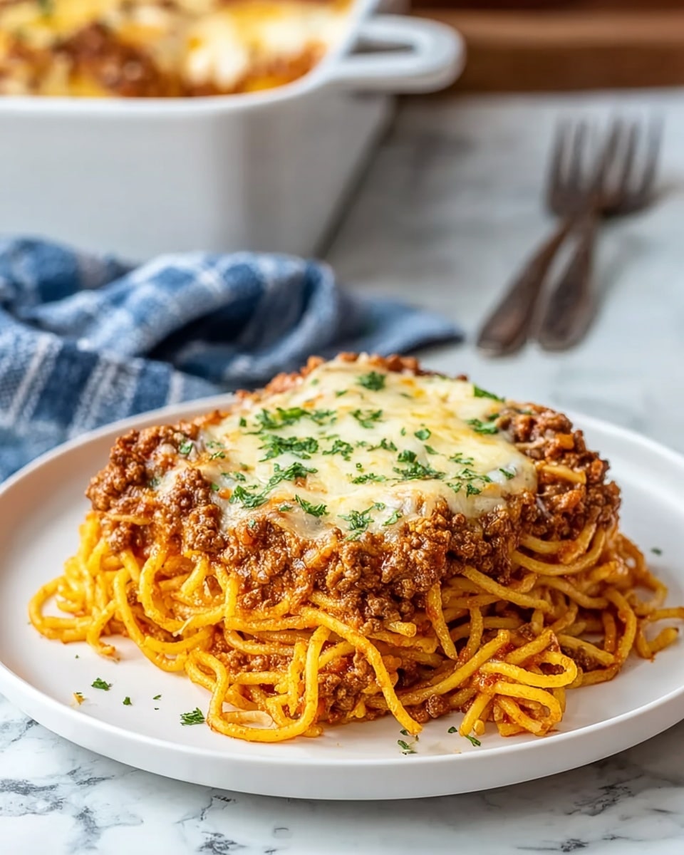 A square slice of baked spaghetti sits on a white plate, showing three layers: shiny spaghetti noodles in a reddish-orange tomato sauce form the bottom layer, followed by a thick layer of brown cooked ground meat mixed with sauce, and topped with melted, slightly browned white cheese sprinkled with small green herb pieces. The plate is set on a dark brown wooden table with a silver fork and a blue and white striped cloth in the background, all against a white marbled texture. photo taken with an iphone --ar 4:5 --v 7