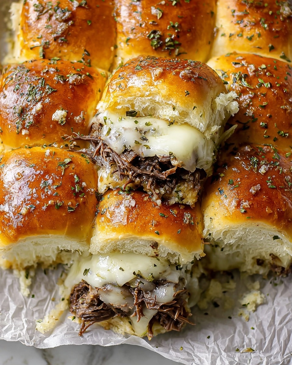The image shows four soft, shiny sandwich rolls with a golden brown top, lightly sprinkled with herbs. Each roll is filled with shredded dark brown meat and melted white cheese that oozes slightly from between the layers. The sandwiches are placed close together on a crumpled piece of parchment paper over a white plate, with a bit of juice or sauce soaking into the paper. The overall look is warm and gooey with textures from the soft bread, tender meat, and melted cheese. Photo taken with an iphone --ar 4:5 --v 7