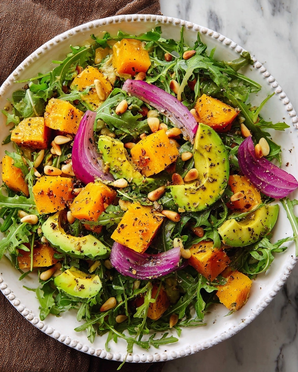 A white bowl holds a fresh salad with three main layers: the base is dark green arugula leaves with a slightly rough texture, scattered evenly inside the bowl. On top are bright yellow-orange mango cubes and smooth, pale green avocado slices, cut into medium chunks and mixed throughout. Thin slices of purple-red onion add sharp color contrast, while small toasted pine nuts are sprinkled over everything, adding a light brown, slightly shiny texture. The salad is lightly seasoned with black pepper, visible as small dark specks all over the ingredients. The bowl is set on a white marbled surface with some arugula leaves and pine nuts around it for decoration. photo taken with an iphone --ar 4:5 --v 7
