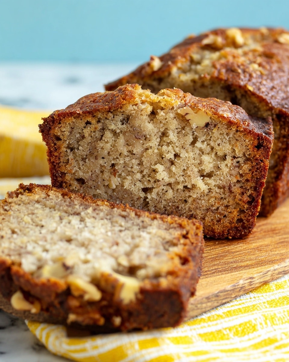 The image shows a close-up of two slices of banana nut bread placed on a wooden board over a yellow and white striped cloth. The bread has two visible layers: the outer crust is dark brown and slightly crisp with a rough texture, while the inside layer is light beige with a soft and moist look, containing visible pieces of walnuts scattered throughout. One slice lies flat in the foreground, showing its detailed texture, while the other slice is angled behind it, partially out of focus. The background has a soft blue color with a white marbled surface below. photo taken with an iphone --ar 4:5 --v 7