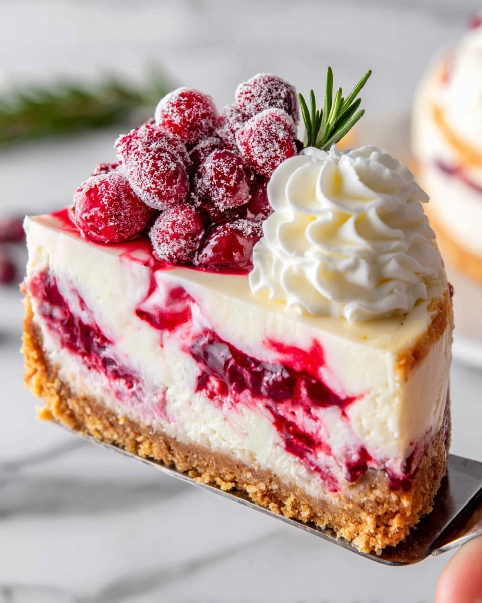 A slice of creamy cheesecake with three clear layers: a thick bottom crust layer of golden brown crumbly texture, a middle layer of white creamy cheese swirled with bright red berry sauce, and a top layer decorated with three white whipped cream peaks. On top, a small bunch of red frosted berries with a green rosemary sprig adds color and texture. The slice is held by a woman's hand against a white marbled background with another slice softly blurred behind it. Photo taken with an iphone --ar 4:5 --v 7