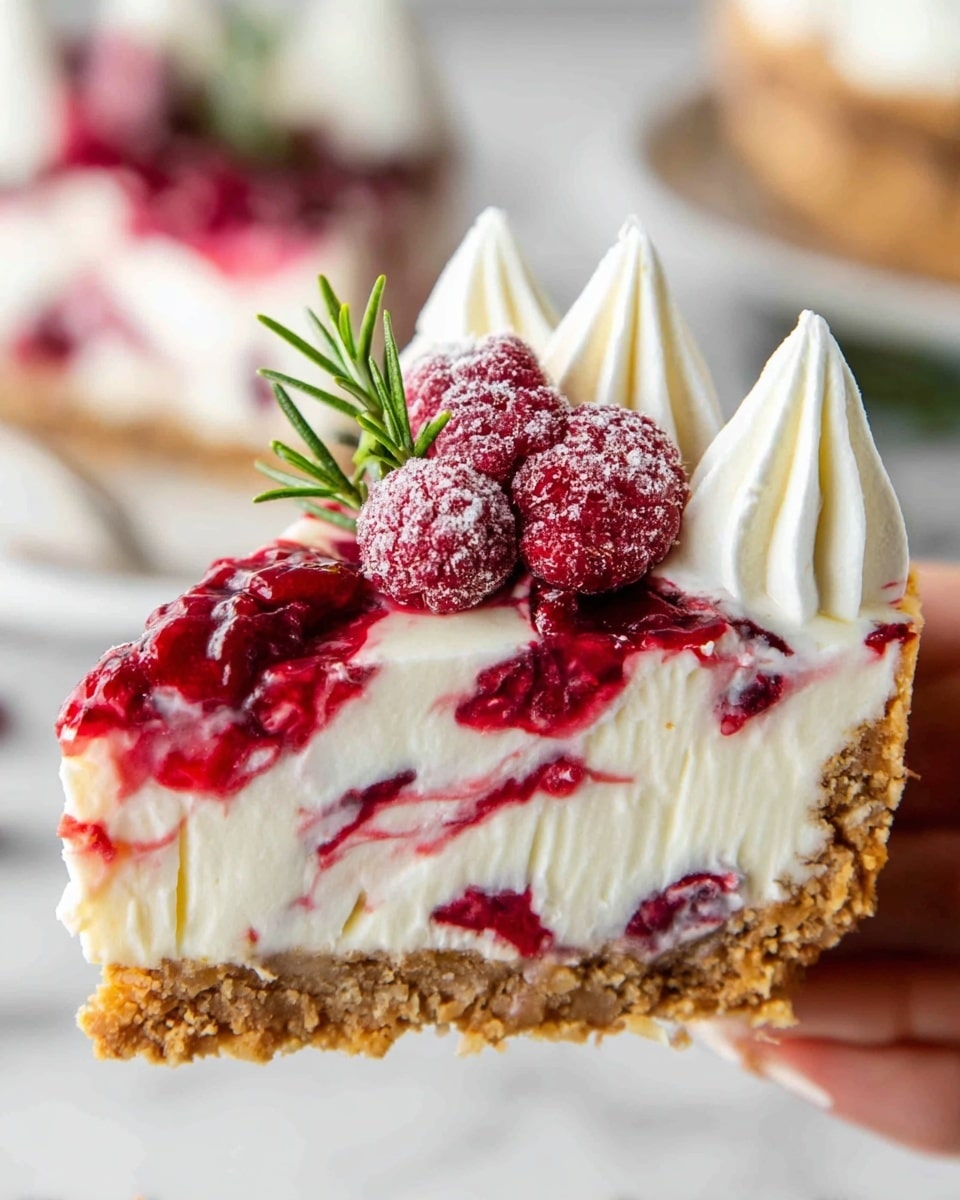 A slice of creamy cheesecake with three visible layers is held by a woman's hand using a cake server; the bottom layer is a crumbly golden-brown crust, the middle layer is thick white cheesecake mixed with swirls of bright red fruit sauce, and the top layer has two white whipped cream swirls on the right side. The slice is topped with a cluster of bright red sugared cranberries and a small sprig of green rosemary on the left side, all set against a white marbled surface. Photo taken with an iphone --ar 4:5 --v 7