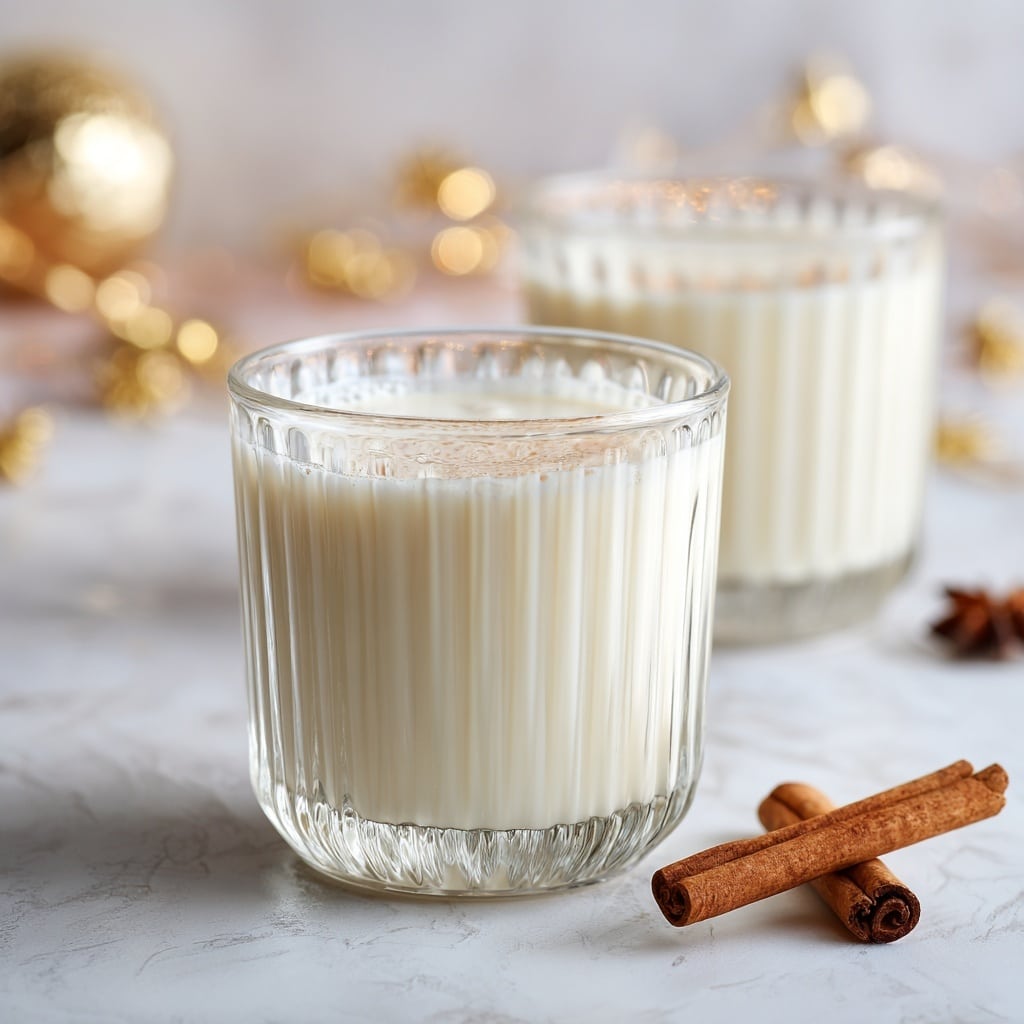 A clear glass cup filled with a creamy, light beige drink that looks smooth and thick, topped with a sprinkle of fine brown spice powder all over. A single brown cinnamon stick rests inside the drink on one side, standing up slightly above the liquid. The glass has a ribbed texture with vertical lines, and the background is a white marbled surface. Photo taken with an iphone --ar 4:5 --v 7