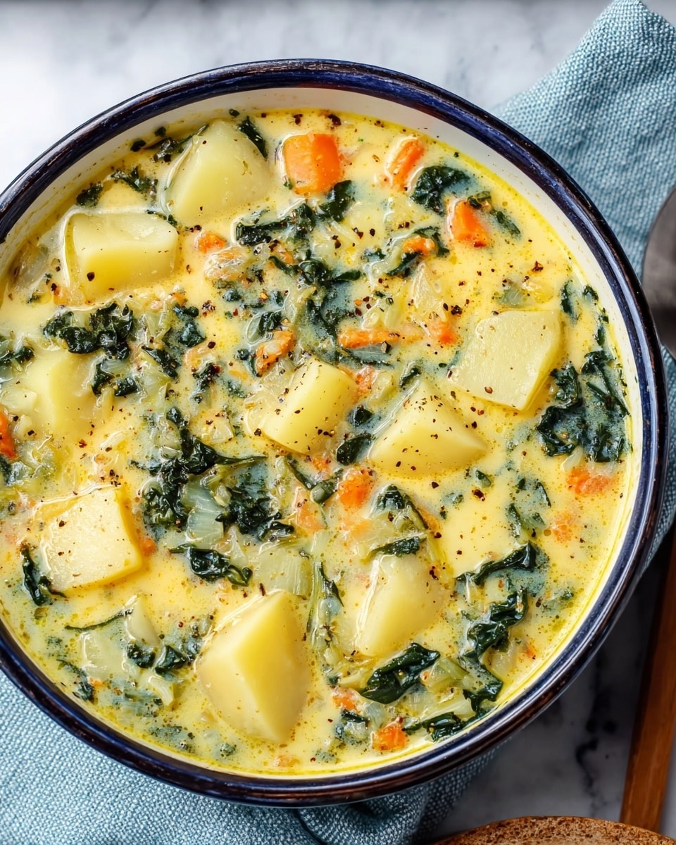 A deep bowl filled with creamy soup that has three main visible layers: large chunks of pale yellow potatoes, shredded dark green kale leaves scattered throughout, and small diced bits of orange carrot and light green celery mixed in a light yellow, slightly thick broth with visible black pepper seasoning. The bowl is white with a thin dark blue rim, sitting on a white marbled surface, with folded light blue and white cloth napkins partially visible. Photo taken with an iphone --ar 4:5 --v 7
