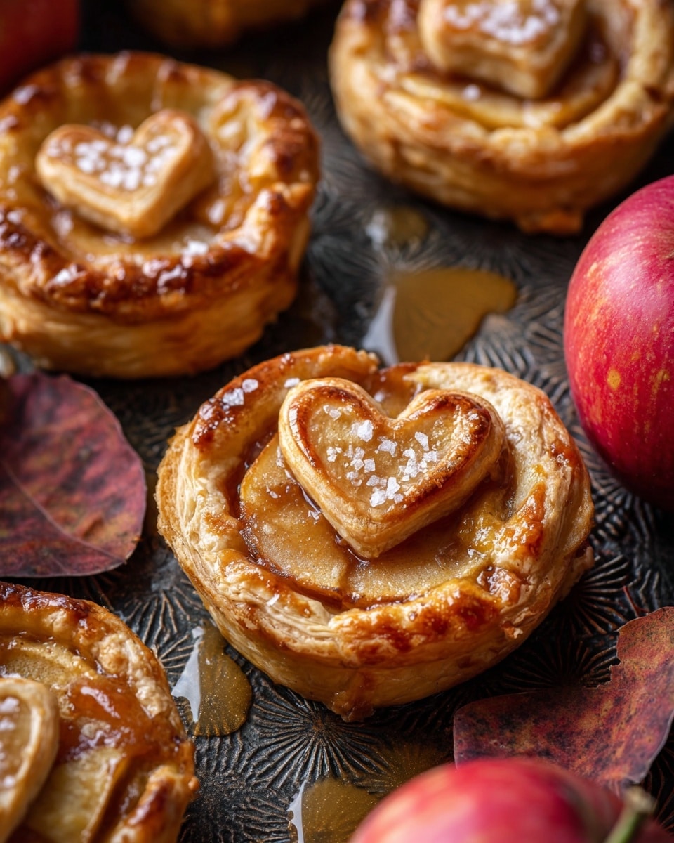 The image shows round apple pastries with a golden brown crust on a textured dark plate. Each pastry has two layers of flaky dough: the bottom layer is thick and puffed, while the top layer has a cut-out design with a small heart-shaped piece in the center. The filling is a warm, glossy apple mixture with visible chunks of apple, slightly overflowing from the center. The pastry crust is sprinkled with coarse sugar crystals that reflect light, adding sparkle. Around the pastries, there are several fresh red apples with leaves and stems for decoration. The background is a white marbled texture. photo taken with an iphone --ar 4:5 --v 7