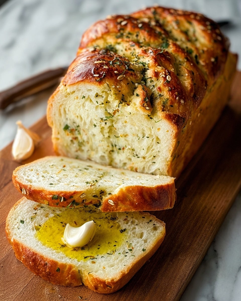The image shows a loaf of herb bread with a golden brown crust resting on a wooden cutting board, sliced to reveal its soft white inside mixed with green herbs and small bits of seasoning. One thick slice lies flat in front of the loaf, topped with a pool of yellow olive oil, a single clove of garlic, and sprinkled green herbs. The surface beneath the cutting board has a white marbled texture, and a buttery knife rests nearby. The scene captures the warm, fresh texture of the bread with poppy seeds and oats sprinkled lightly on top. Photo taken with an iphone --ar 4:5 --v 7