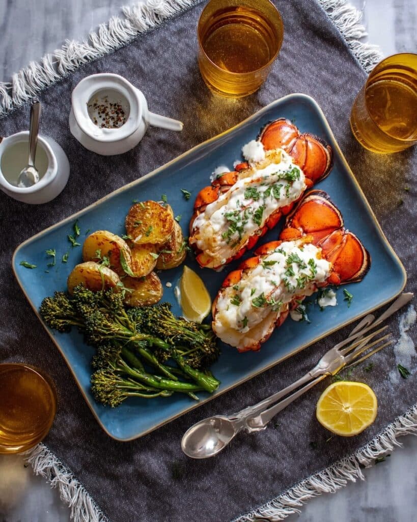 Lobster Tails with Creamy Garlic Butter Sauce and Roasted Baby Broccoli Recipe
