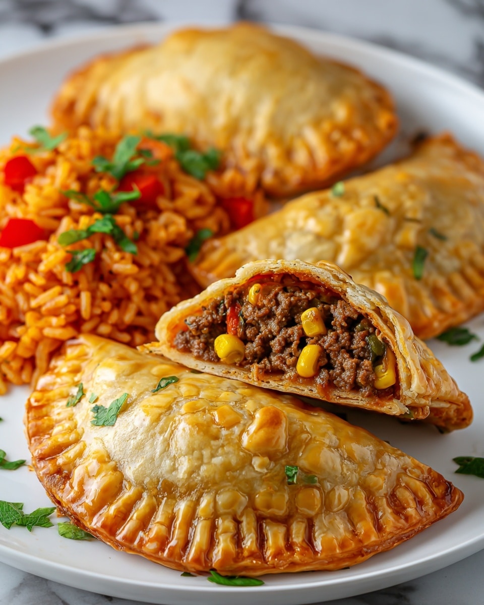 The image shows a white plate with three golden-brown empanadas, two whole and one cut open to reveal a filling of cooked ground beef mixed with corn and small bits of red and green vegetables. The empanadas have a crimped edge with a slightly crispy and bubbly texture on their surface. Behind the empanadas, there is a layer of orange-colored rice mixed with beans and small pieces of red bell pepper, garnished with fresh green herb leaves scattered on top. The plate sits on a white marbled surface, and the photo has a close-up, clear view of the dish's textures and colors. photo taken with an iphone --ar 4:5 --v 7