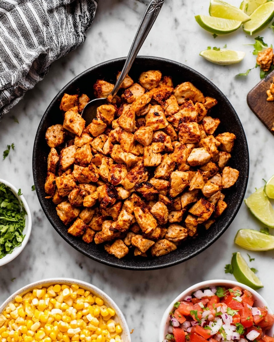 The image shows small chopped pieces of cooked chicken with a golden-brown and slightly charred surface mixed with white inner meat. The chicken pieces are scattered across a dark brown wooden surface with visible grill marks. Among the chicken pieces, there is a large shiny metal spatula with a black handle placed flat, partially underneath the chicken. Photo taken with an iphone --ar 4:5 --v 7