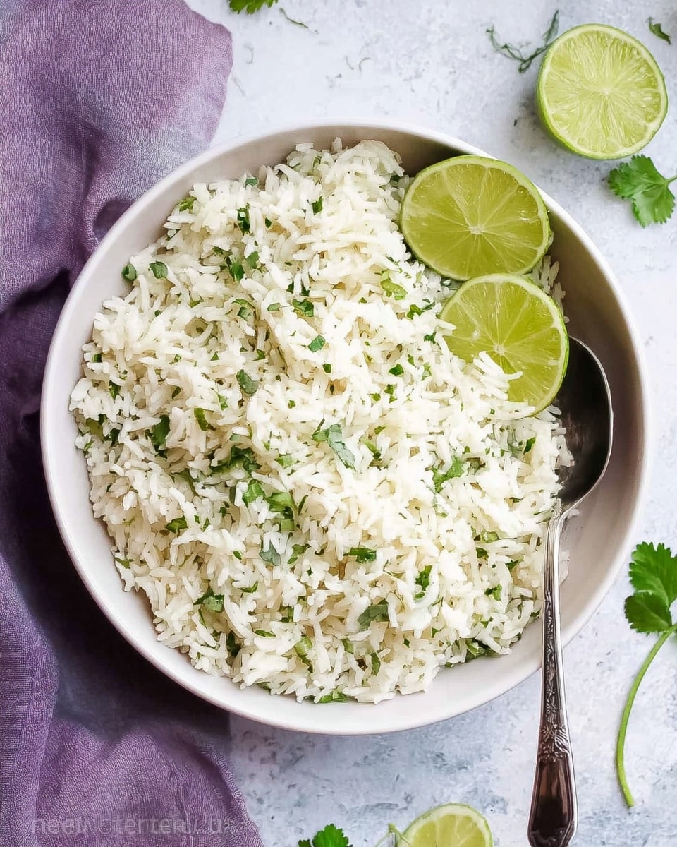 A white bowl filled with cooked white rice mixed with small green herb pieces scattered evenly throughout, giving a light green tint to parts of the rice, topped with three lime wedges on one side. A silver spoon rests inside the bowl on the right side, with a white marbled texture surface underneath and green cilantro leaves and lime halves placed decoratively around the bowl. A soft purple cloth is partially visible in the bottom left corner. photo taken with an iphone --ar 4:5 --v 7