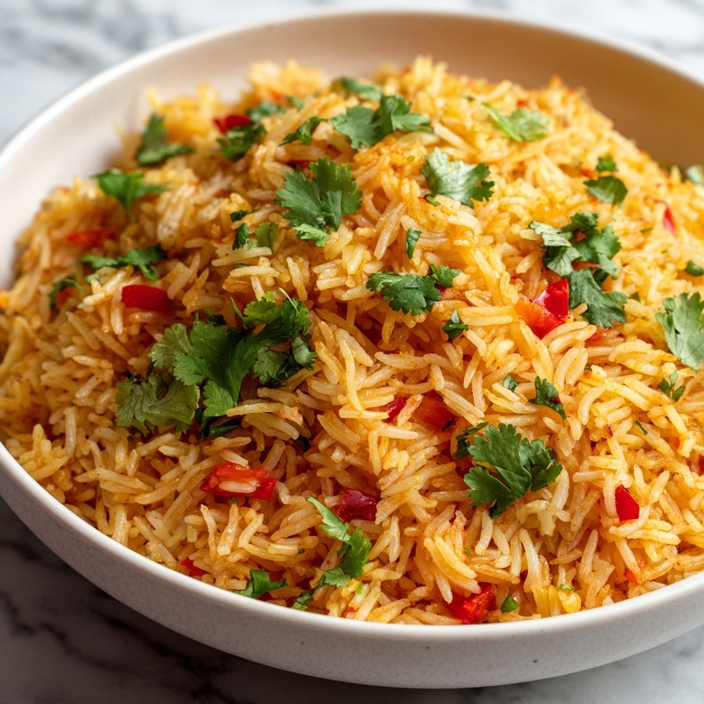 A close-up view of cooked orange rice served in a white bowl, filled fully with long grains of rice mixed with small diced red bell peppers and garnished with bright green cilantro leaves scattered on top, creating a colorful contrast with the orange rice. The texture of the rice looks soft and fluffy with bits of spices visible throughout. The bowl is placed on a white marbled surface. photo taken with an iphone --ar 4:5 --v 7