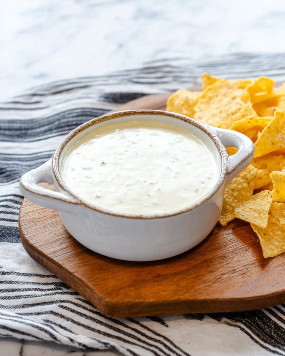 A white, round, rustic bowl with two small handles holds a smooth, creamy white cheese dip that fills the bowl nearly to the top. The bowl sits on a wooden board with a natural wood texture, accompanied by a pile of yellow tortilla chips with a rough texture on the right side. The background features a white marbled texture with a black and white striped cloth partially under the wooden board, adding contrast and softness to the scene. Photo taken with an iphone --ar 4:5 --v 7