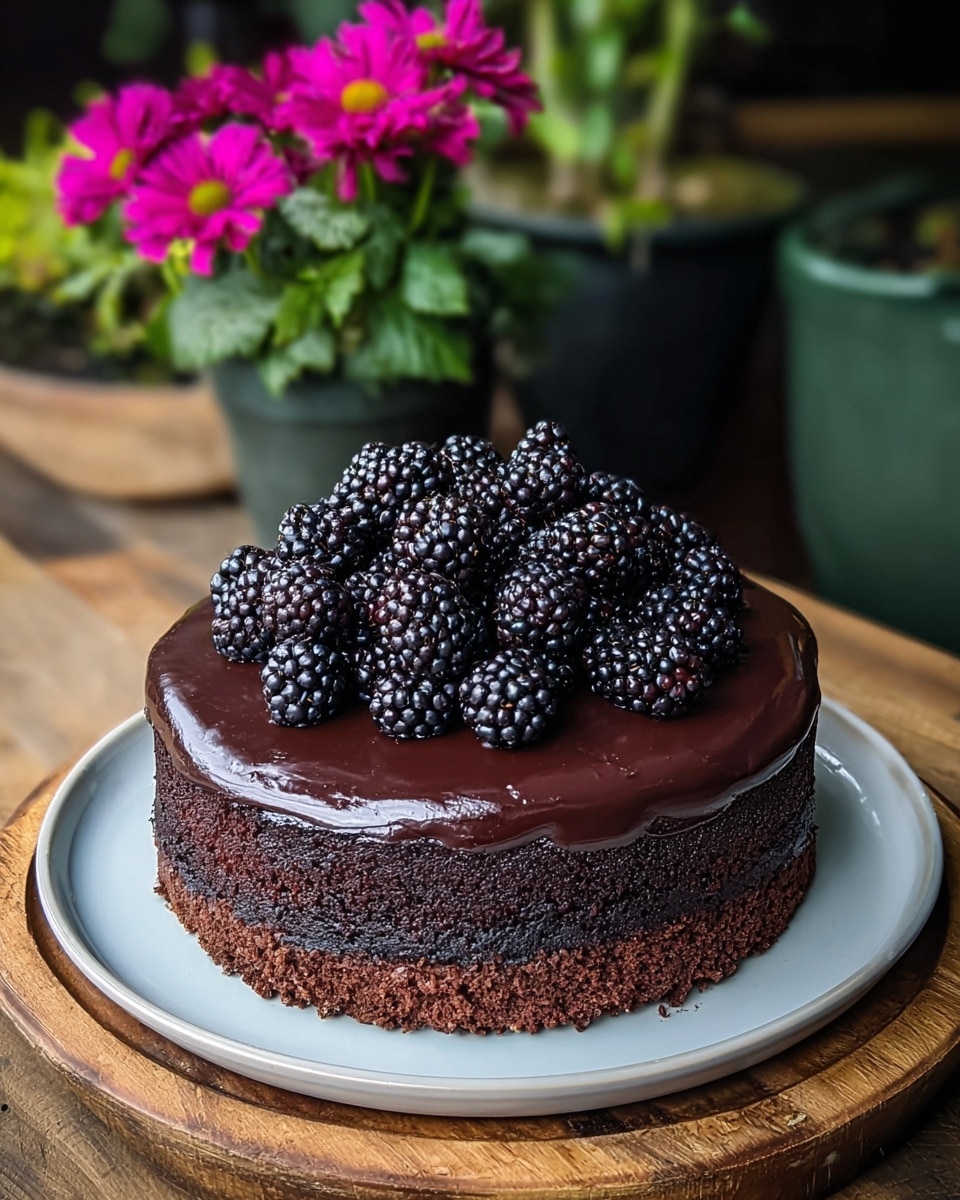 A round chocolate cake with two visible layers sits on a wooden board. The bottom layer is dark and crumbly, while the top layer is smooth, dark chocolate frosting that covers the entire cake with a shiny finish. A pile of fresh blackberries sits on the center top of the cake, their deep black and purple colors contrasting with the dark chocolate. The background shows a white marbled texture, with a blurred pot of purple flowers adding a soft touch behind the cake. photo taken with an iphone --ar 4:5 --v 7