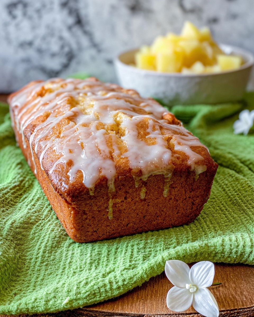 A golden-brown loaf cake sits on a bright green textured cloth, topped with a thin layer of shiny, white icing drizzled unevenly across its slightly cracked surface. The cake has a moist, dense texture visible in the cracks. In front of the cake, part of a white bowl filled with pale yellow diced fruit is visible, adding a soft contrast to the warm tones of the cake. Small white flower petals lie nearby on a wooden surface. The background is a white marbled texture. photo taken with an iphone --ar 4:5 --v 7