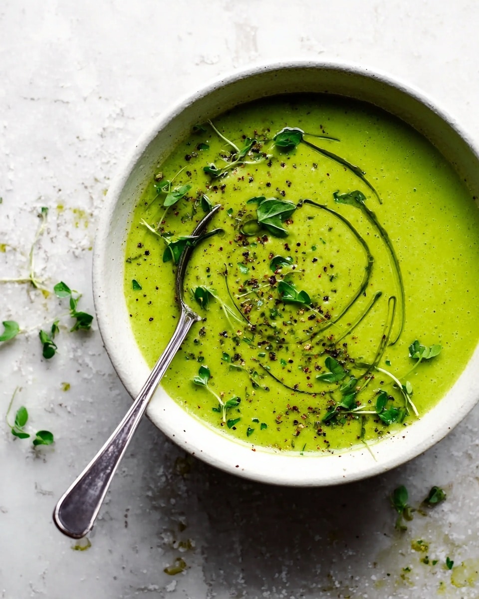A white bowl filled with smooth, bright green soup, with a swirl of darker green oil drizzled on top. The soup is garnished with small sprigs of fresh green herbs and a sprinkling of coarse black pepper across the surface. A shiny silver spoon rests inside the bowl, its handle extending out towards the bottom right of the image. The bowl is placed on a white marbled textured surface with some scattered green herb bits and pepper specks around it. photo taken with an iphone --ar 4:5 --v 7