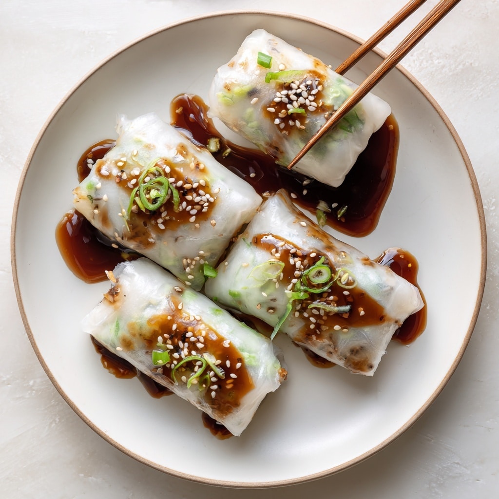 Three sushi rolls lie side by side on a white plate. Each roll is covered with a shiny, light brown sauce that looks sticky and sweet. The rolls have a crispy, golden-brown outside with small sesame seeds sprinkled on top. A woman's hand is holding wooden chopsticks picking up one sushi roll, showing soft, white rice and green cucumber inside. The background is a white marbled texture. photo taken with an iphone --ar 4:5 --v 7