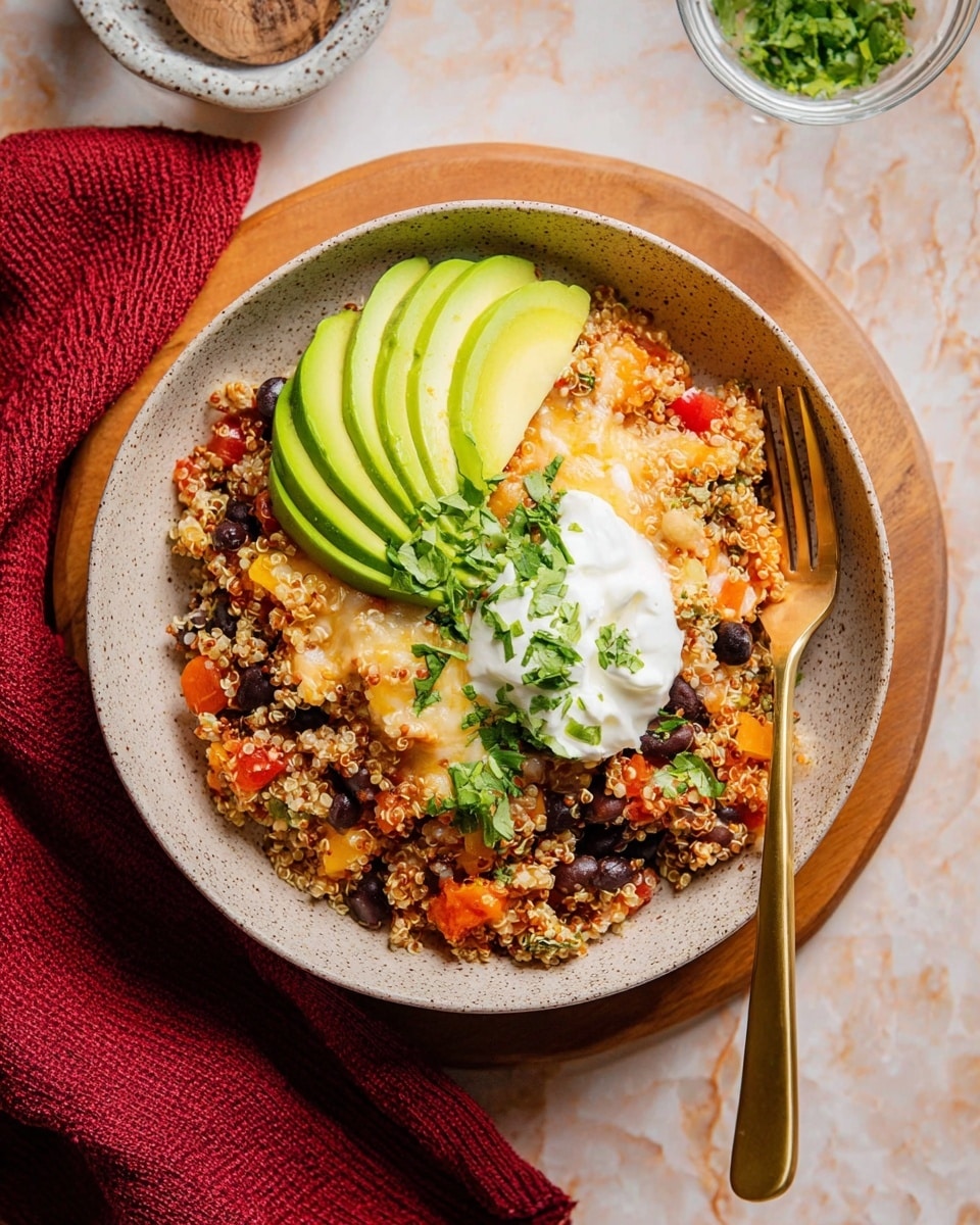 A bowl filled with a colorful quinoa salad that has three visible layers: the bottom layer consists of cooked quinoa mixed with black beans, orange and red diced vegetables, and chopped greens; the middle layer is melted cheese adding a light cream color and gooey texture; the top layer features thinly sliced avocado fanned out on one side and a dollop of white sour cream topped with green herbs in the center. A gold fork rests on the right edge of the bowl, which sits on a red cloth over a wooden board, all set on a white marbled surface. Photo taken with an iphone --ar 4:5 --v 7