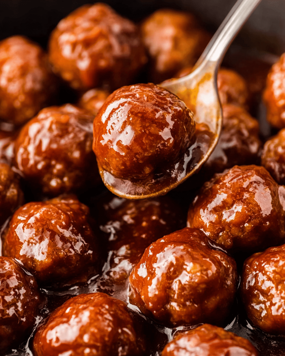 A black slow cooker filled with about twenty shiny, brown meatballs coated in a thick, rich, dark reddish-brown sauce, all sitting tightly packed inside. The meatballs have a smooth, glazed texture with some small surface cracks showing the cooked meat beneath. The cooker is set on a white marbled surface, and the inside of the cooker is slightly glossy from the sauce. photo taken with an iphone --ar 4:5 --v 7