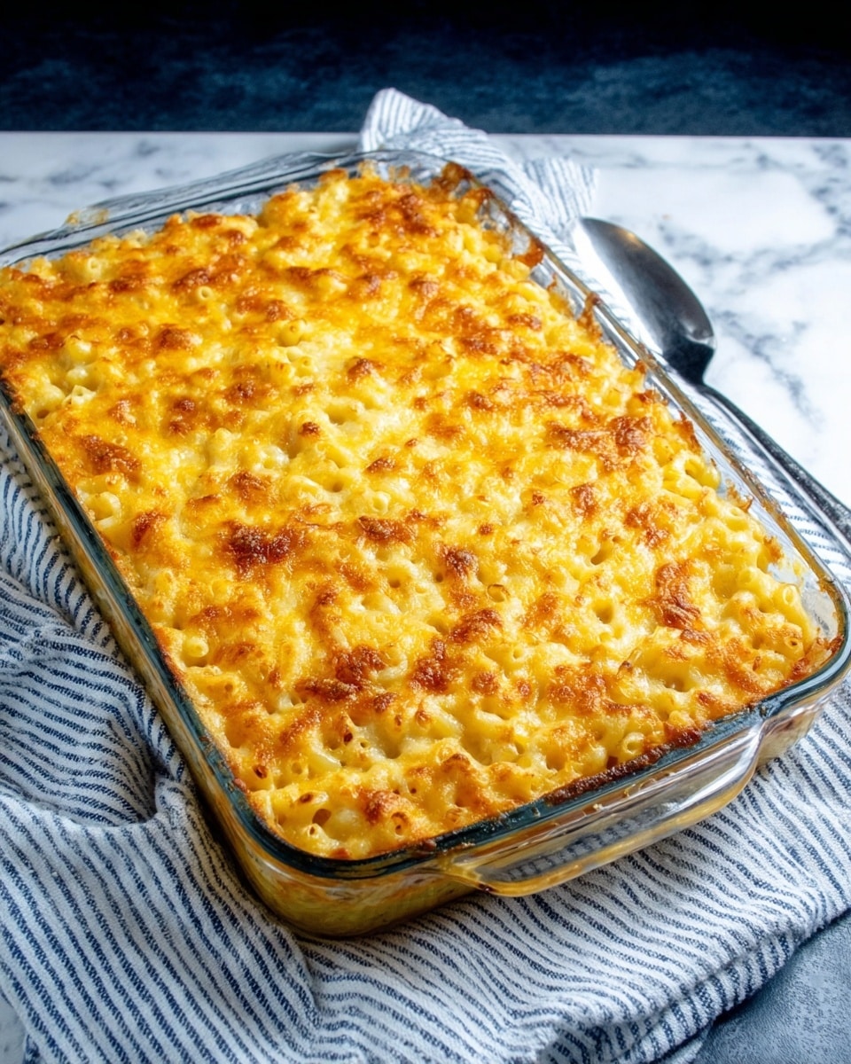 A glass rectangular baking dish filled with a golden-brown baked macaroni and cheese casserole. The top layer is crispy and bubbly with melted cheese that has browned unevenly, giving a mix of yellow and light orange shades. The macaroni beneath looks creamy and soft in texture, just beneath the crusty cheese layer. The dish sits on a white marbled surface with a white and blue striped cloth underneath, and a silver spoon lies beside it. photo taken with an iphone --ar 4:5 --v 7