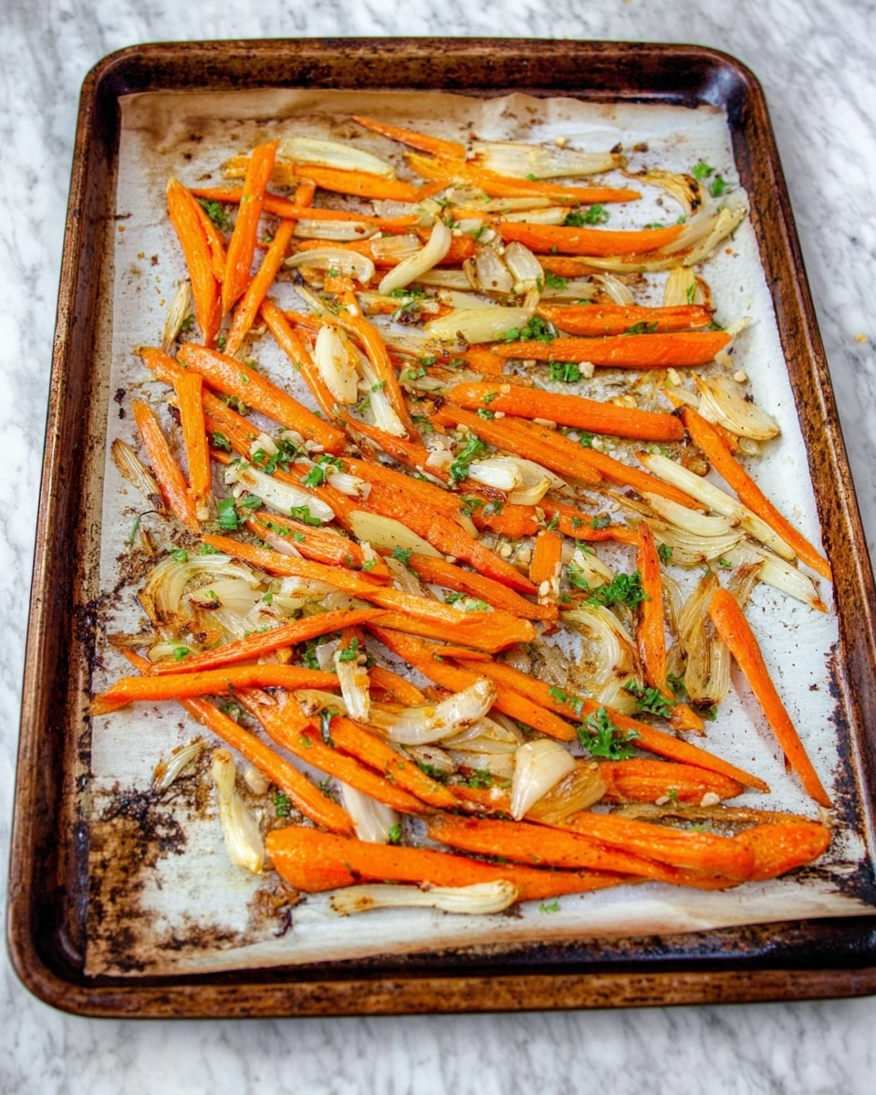 The image shows a metal baking tray lined with lightly browned parchment paper, spread with roasted carrot sticks and thick onion slices. The carrots are cut into thin, long pieces with a bright orange color, mixed with translucent, slightly golden onion segments. The vegetables have a light sprinkle of green herbs over them and some visible black pepper flakes, giving a fresh and tasty look. The tray sits on a white marbled surface with some spots of oil and roasted bits. photo taken with an iphone --ar 4:5 --v 7