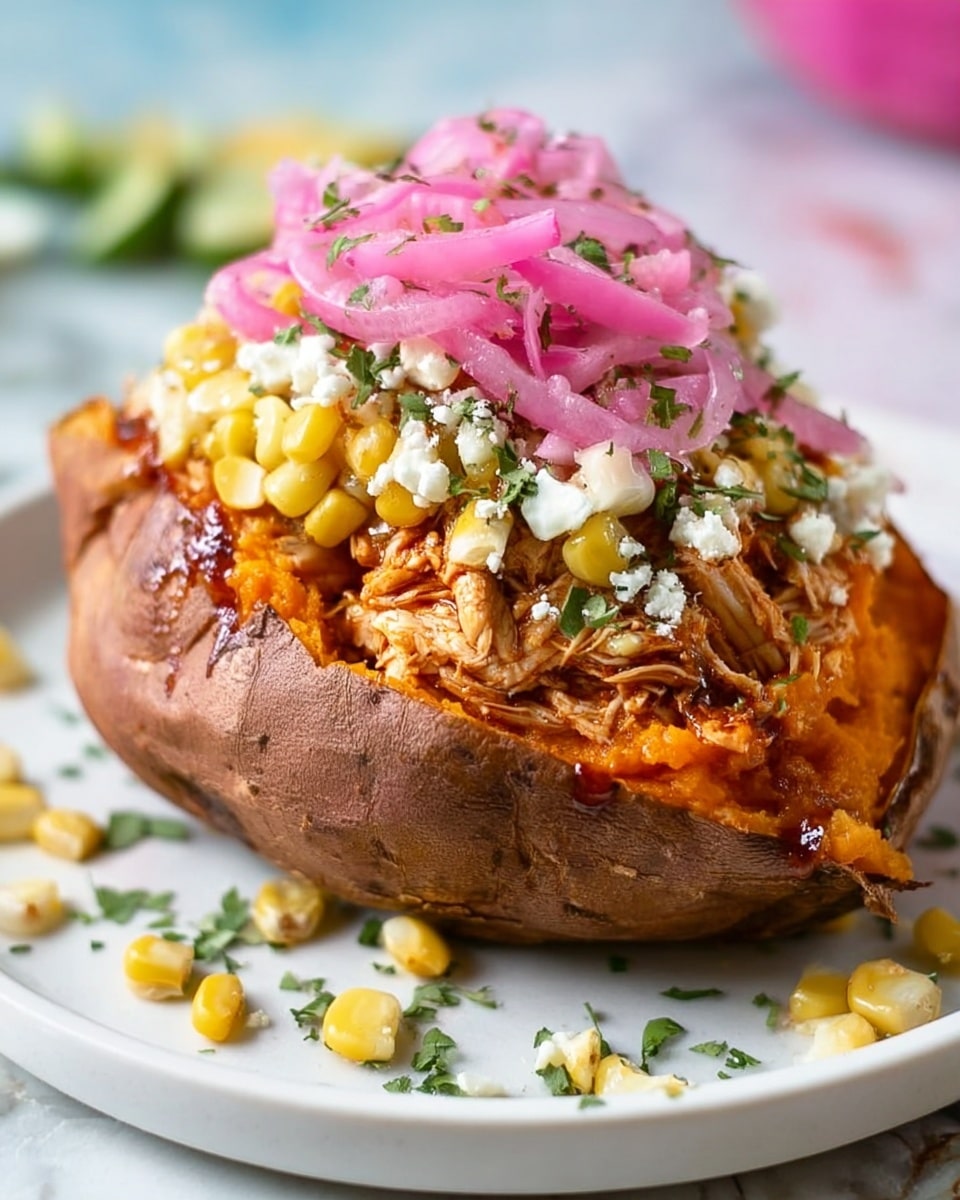 A baked potato with a rough brown skin sits open on a white plate with a white marbled surface. The potato has an orange mashed sweet potato filling visible inside, topped with a thick layer of reddish barbecue sauce dripping slightly down the side. Above this, there is a chunky layer of yellow corn mixed with green herbs and white crumbled cheese. On top, there is a final layer of thin pink pickled onions. Small bits of corn and herbs are scattered around the plate. photo taken with an iphone --ar 4:5 --v 7