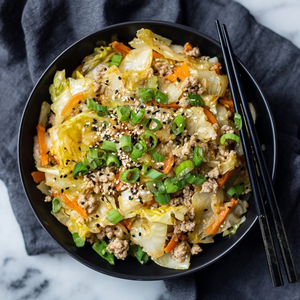 The dish shows a close-up of cooked ground meat mixed with thinly sliced white cabbage and small carrot strips, all evenly spread in a white bowl. On top, there are chopped green onions sprinkled across, along with light sesame seeds and a light dusting of black pepper. The texture is soft with some crunchy bits from the vegetables. Two black chopsticks rest on the side of the bowl. The background surface is a white marbled texture. photo taken with an iphone --ar 4:5 --v 7
