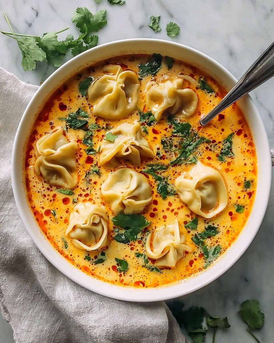 A white bowl filled with a bright orange creamy soup, dotted with small red oil droplets on the surface. Floating in the soup are seven dumplings, each with light beige dough folded into a closed flower shape with soft, round edges. There are green leafy herbs scattered throughout, some fresh coriander leaves resting on top. A metal spoon rests inside the bowl on the right side. The bowl sits on a white marbled surface with a light gray cloth napkin partially under it and a few scattered green herb leaves nearby. photo taken with an iphone --ar 4:5 --v 7