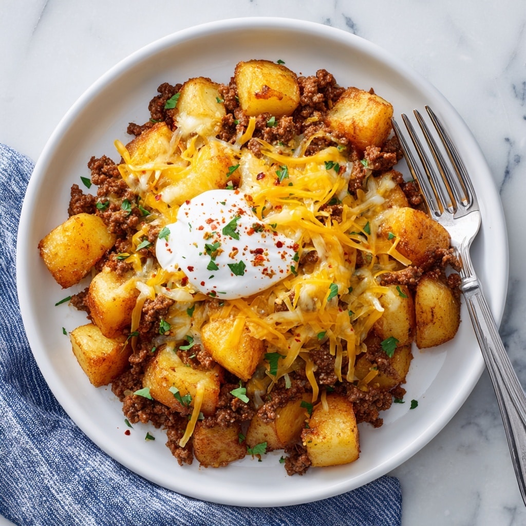A white bowl on a white marbled surface holds a layered dish starting with a base of golden brown, seasoned small potato halves arranged around the edge. Inside the ring of potatoes is a layer of cooked ground beef with a rich, dark brown color mixed evenly underneath. On top of the beef is a thick layer of melted cheddar and mozzarella cheese, showing mixed yellow and white strands stretched over the meat. In the center of the bowl is a generous dollop of white sour cream sprinkled with small green herb leaves and a light dusting of red spice. There is a silver fork resting on the right side of the bowl against the bowl's inner edge. photo taken with an iphone --ar 4:5 --v 7