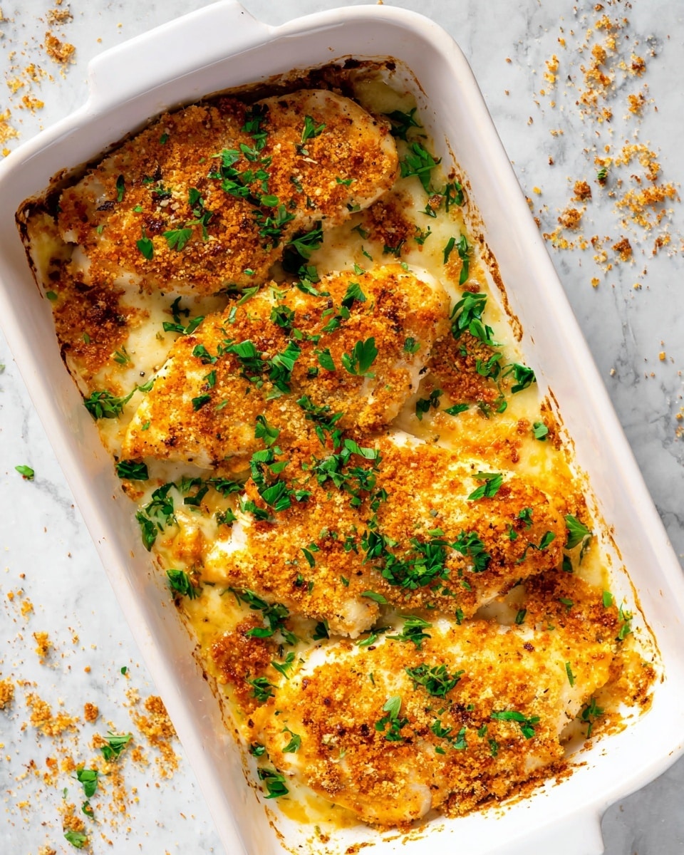The image shows a white baking dish filled with four pieces of baked chicken breasts, covered in a golden, crispy breadcrumb topping with melted cheese visible under the crust. The crust has a rough texture with some areas browned more than others. The chicken is garnished with small pieces of fresh green herbs scattered evenly on top and around the edges. The dish sits on a white marbled surface with some crumbs and herbs scattered around, adding texture and color to the scene. photo taken with an iphone --ar 4:5 --v 7