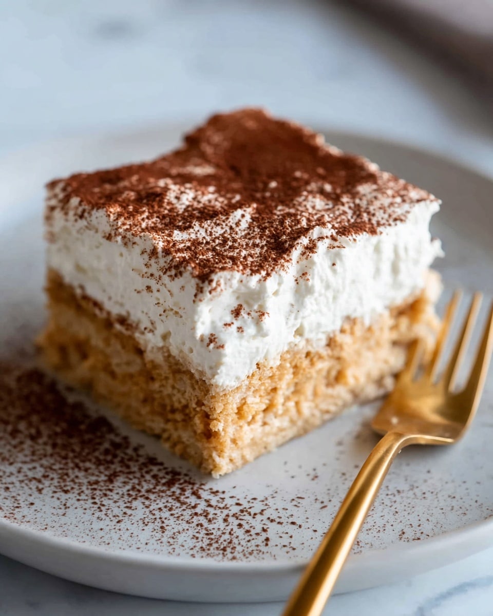 A square slice of pumpkin cake with one thick bottom layer of moist, slightly crumbly, orange-brown cake topped with a thick layer of white, fluffy whipped cream sprinkled lightly with brown cinnamon powder. The cake sits on a simple white plate with a gold fork placed to the right side. The background is a white marbled texture. photo taken with an iphone --ar 4:5 --v 7