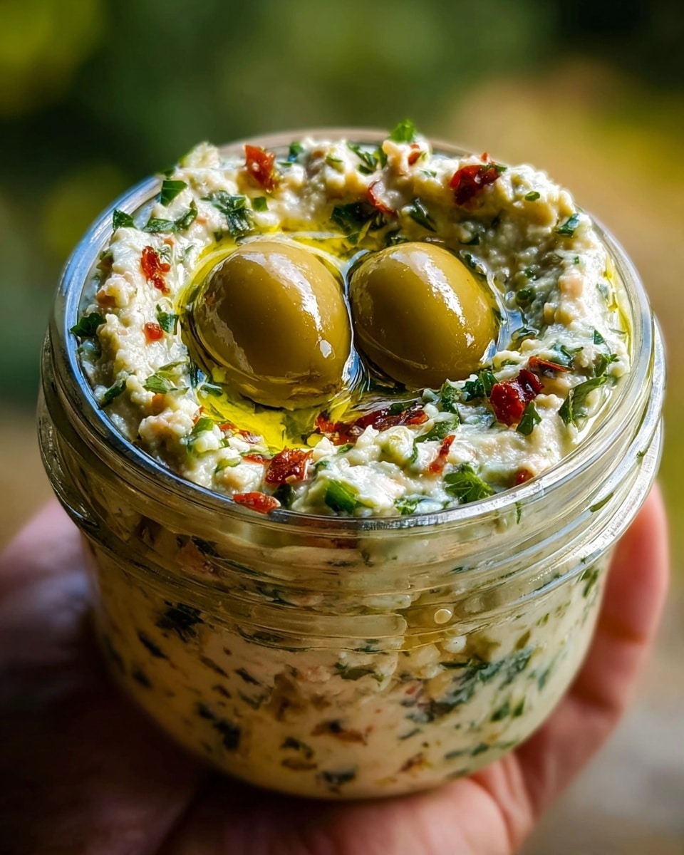 A clear glass jar filled with a creamy dip featuring small pieces of green herbs and red bits mixed in, creating a textured surface. The dip is topped with a shallow pool of golden olive oil in the center, holding two large, shiny green olives. The jar is held close-up by a woman's hand with a natural background blurred out, and the focus highlights the dip’s moist, chunky texture with visible herbs and spices. photo taken with an iphone --ar 4:5 --v 7