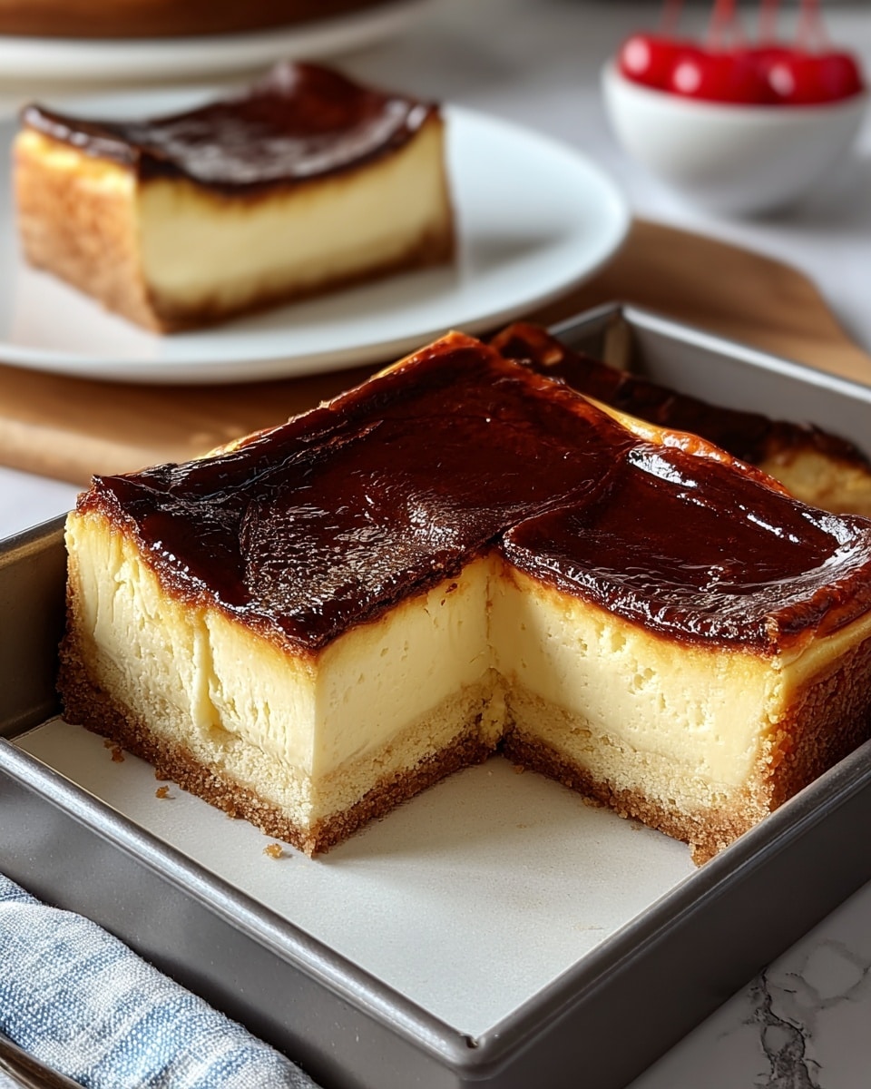 A square cheesecake with three visible layers sits in a gray metal pan placed on a white plate, all set on a white marbled surface. The cheesecake has a thin, golden crumb base layer, a thick and creamy pale yellow middle layer with a smooth texture, and a dark brown, shiny caramelized top layer that looks slightly cracked and glossy. A single slice is cut out, showing the thickness and softness of the creamy middle layer and the caramelized topping. In the blurred background, there is another similar cheesecake on a white plate and a small white bowl with red cherries. Photo taken with an iphone --ar 4:5 --v 7
