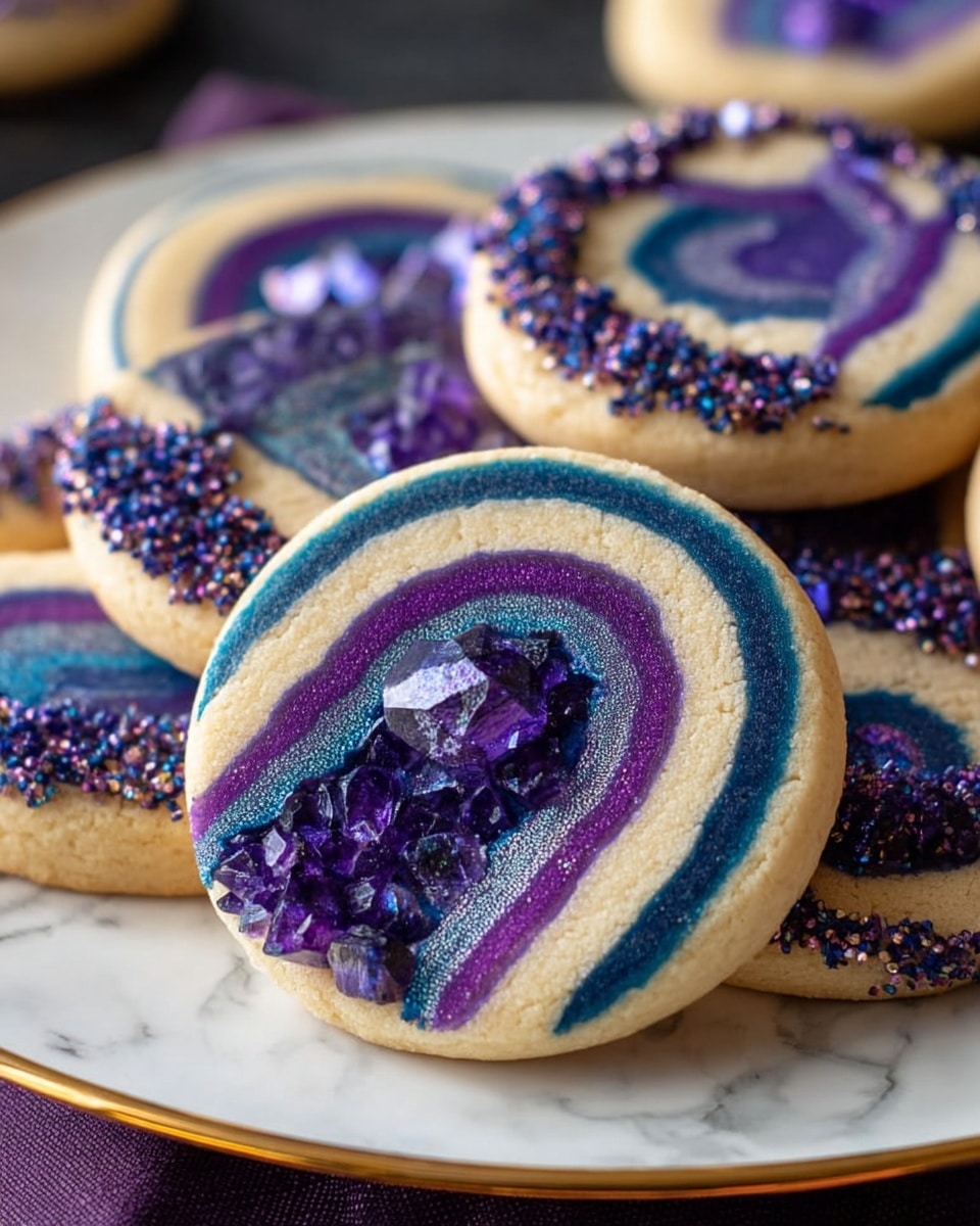 The image shows a white round plate with a gold rim holding several cookies that look like geodes. Each cookie has three visible layers of smooth dough: the outer layer is creamy beige, the middle layers have bands of bright purple and blue, and the center is filled with shiny, crystalline sugar that reflects light in purple, blue, and clear colors. The edges of the cookies are coated with small brown sprinkles. The background is a white marbled surface with a soft purple cloth behind the plate. photo taken with an iphone --ar 4:5 --v 7